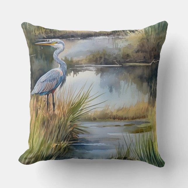 Creek Landschaft mit Gray Heron Kissen (Vorderseite)