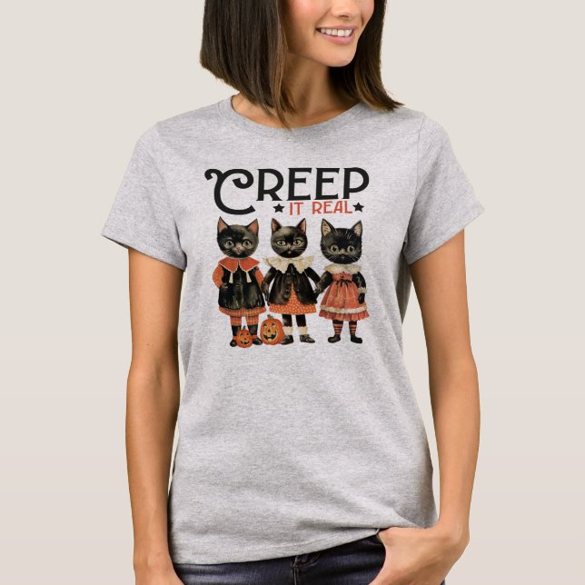 Creep it Real Funny Cats Halloween T-Shirt (Vorderseite)
