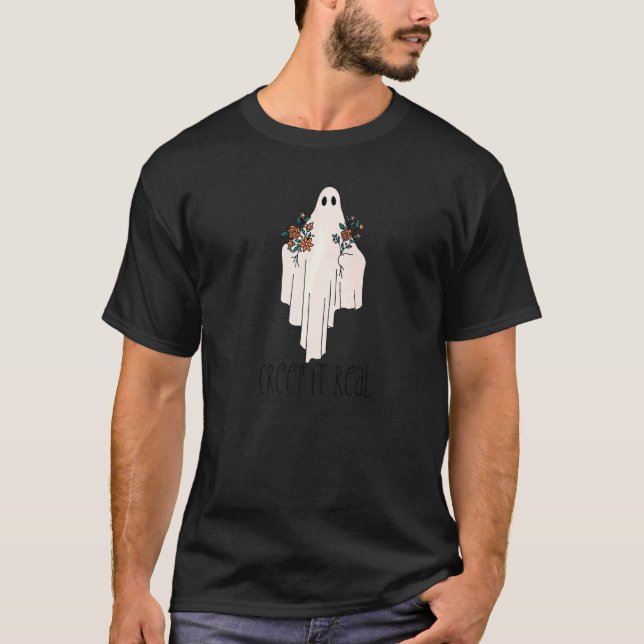 CREEP IT REAL Halloween Ghost mit Blume Meme T-Shirt (Vorderseite)