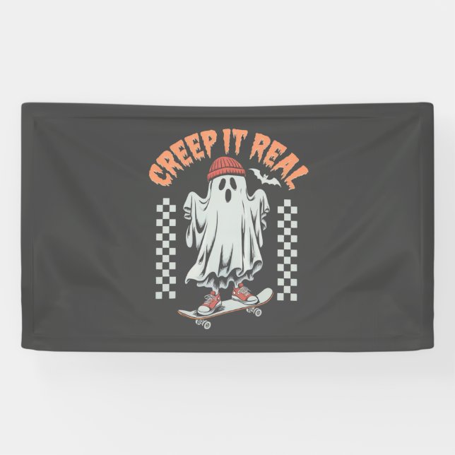 Creep It Real Retro Halloween Skate Ghost Banner (Horizontal)