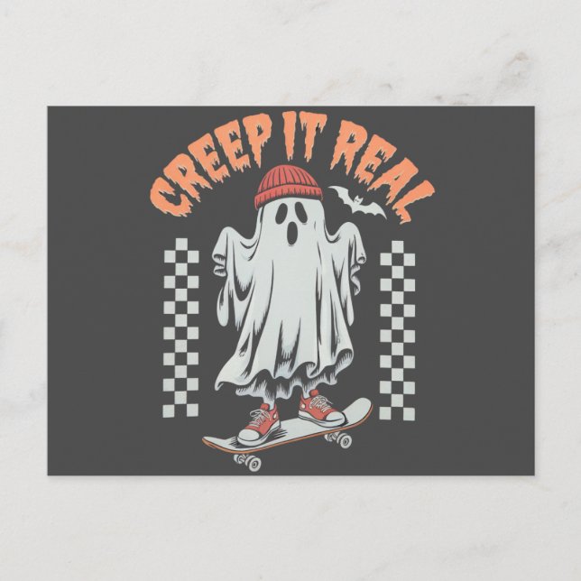 Creep It Real Retro Halloween Skate Ghost Postkarte (Vorderseite)