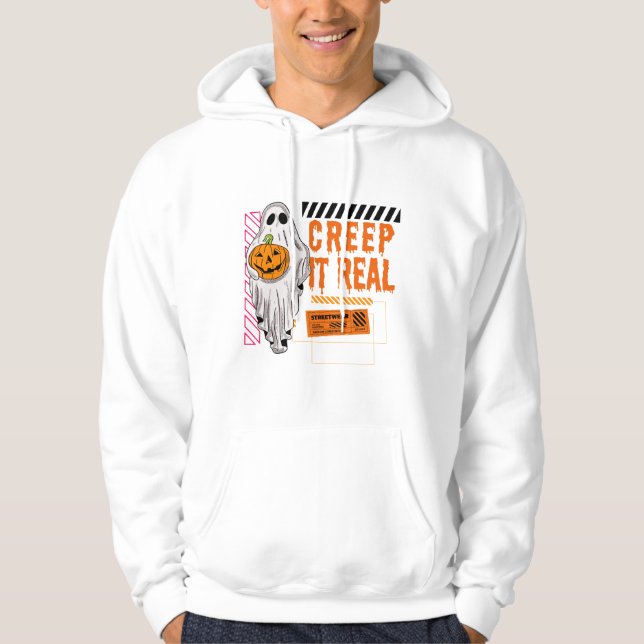 Creep It Real: Schwarz und Orange Spooky Halloween Hoodie (Vorderseite)