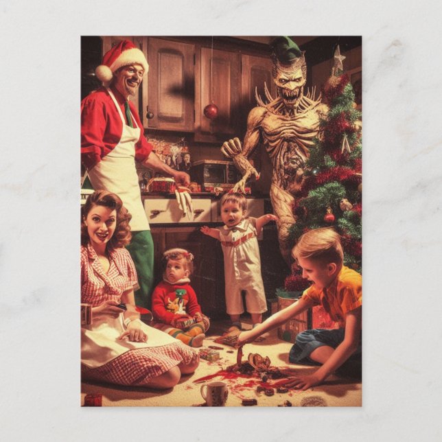 Creepe Christmas Horror Retro Family Portrait Postkarte (Vorderseite)