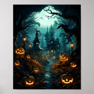 Creepische Haloween Pumpen im Beängstigenden Wald Poster