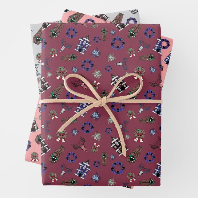 Creepmas mit Spuk Haus, Schädel, Kränze, Sarg Geschenkpapier Set (Beispiel)