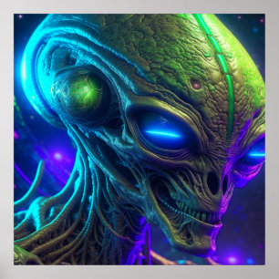 Creepy Alien Head mit leuchtenden blauen Augen Poster