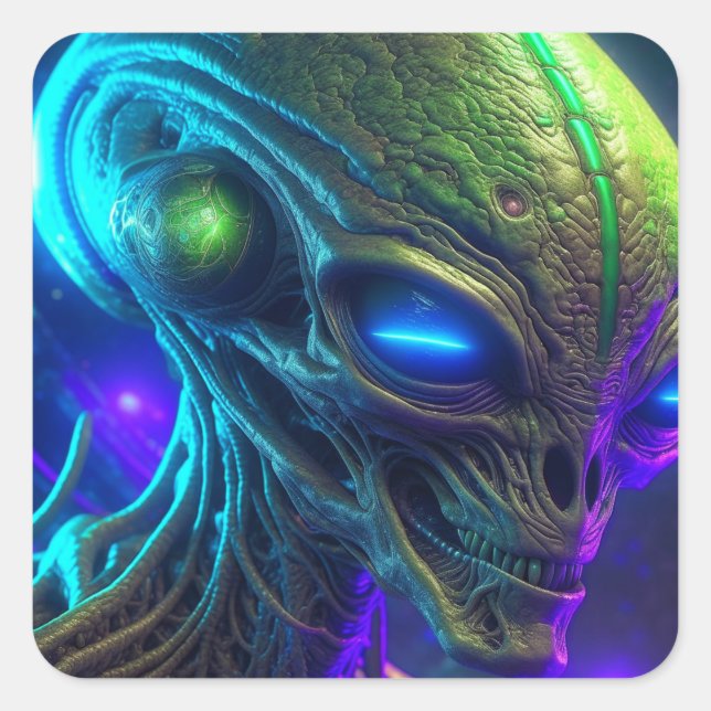 Creepy Alien Head mit leuchtenden blauen Augen Quadratischer Aufkleber (Vorderseite)