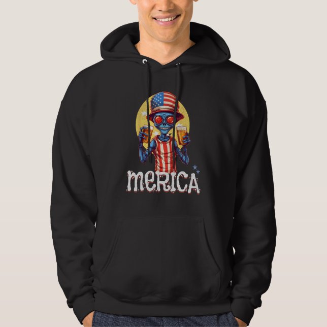 Creepy Alien July 4th Drinking Beer Merica USA Hoodie (Vorderseite)