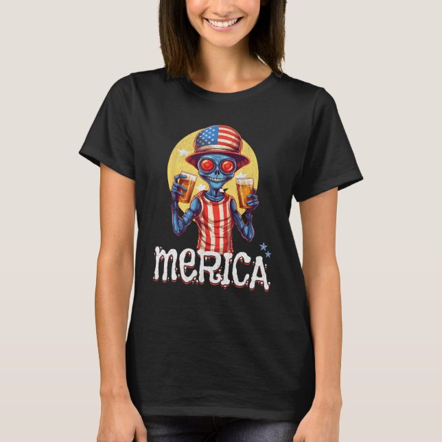 Creepy Alien July 4th Drinking Beer Merica USA T-Shirt (Vorderseite)