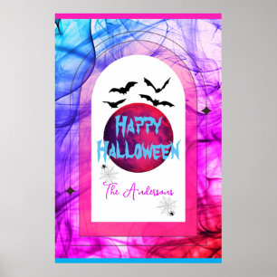 Creepy Bats Spider Web Full Moon Happy Halloween Poster