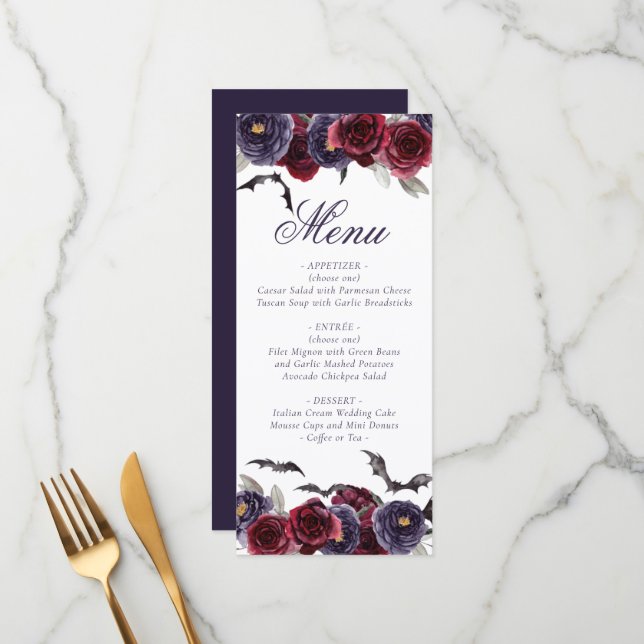 Creepy Beautiful | Dunkelgotische Rose mit Flederm Menükarte (Vorderseite/Rückseite Beispiel)