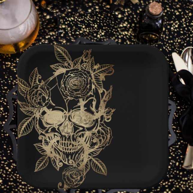 Creepy Beautiful | Goldener Grunge mit Rose Pappteller (Square 9" Dinner Plate)