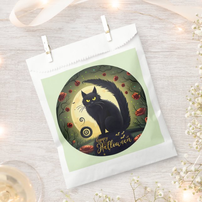 Creepy Black Cat Light Green Happy Halloween Geschenktütchen (Ausgeschnitten)