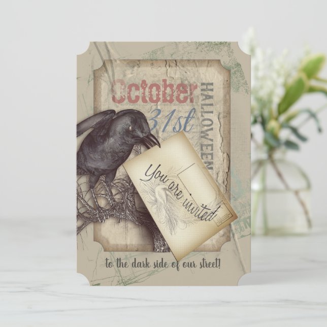 Creepy Black Crow Halloween-Ereignis Einladung (Stehend Vorderseite)