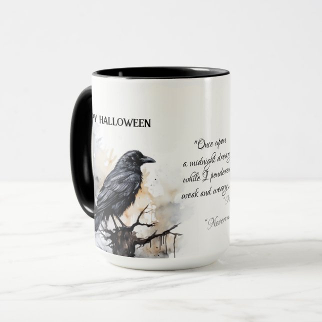 Creepy Black Raven Happy Halloween Tasse (Vorderseite Links)