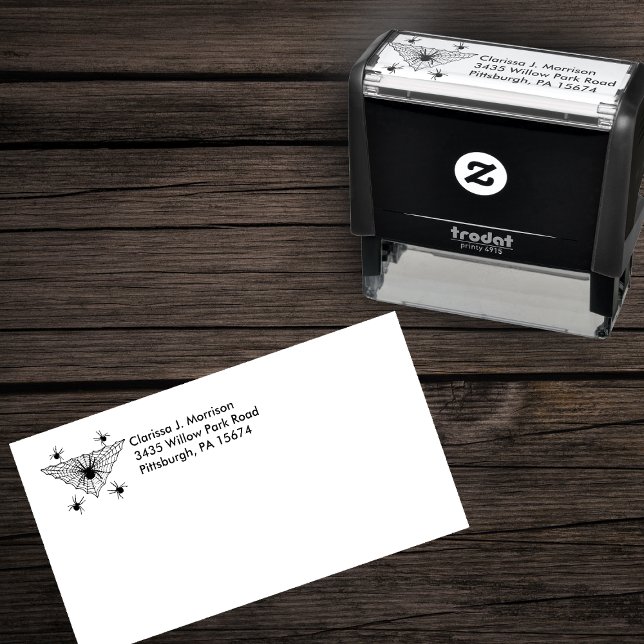 Creepy crawling Spiders in Triangle Shaped Web Permastempel (Spiders crawling in and around triangle shaped spider web on self inking return address stamp.)