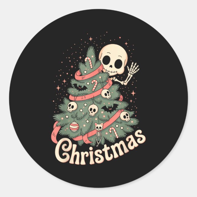 Creepy Cute Kawaii Skeleton Christmas Tree Skull B Runder Aufkleber (Vorderseite)
