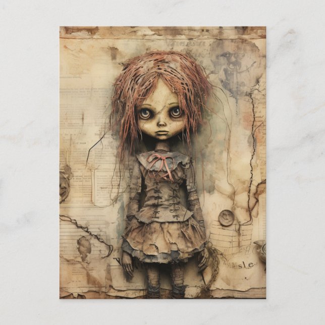 Creepy Doll mit rosa Bow Postkarte (Vorderseite)