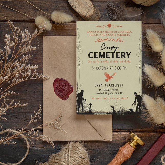 Creepy Friedhof Vanilla mit Vermilion Akzent Einladung (Creepy Cemetery Vanilla with Vermilion Accent Invitation Cover from The Beekeeper Store)