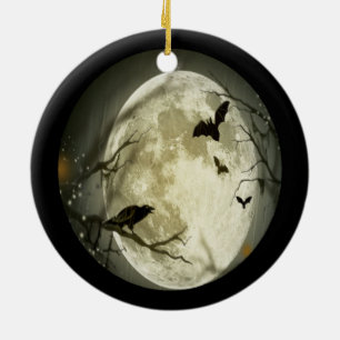 Creepy Full Moon mit Vögeln Keramik Ornament