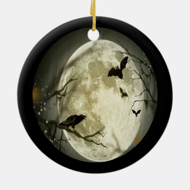 Creepy Full Moon mit Vögeln Keramik Ornament (Hinten)