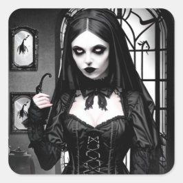Creepy Gothic Girl in Black and White Halloween Quadratischer Aufkleber
