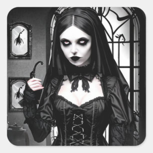 Creepy Gothic Girl in Black and White Halloween Quadratischer Aufkleber