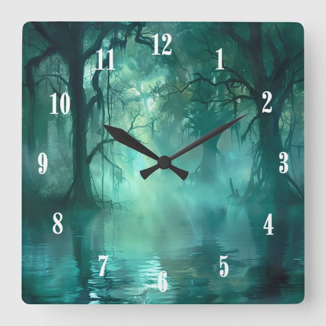 Creepy Green Swamp Weiße Zahlen Quadratische Wanduhr (Vorderseite)