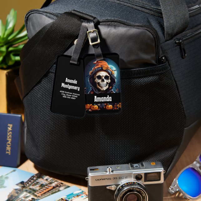 Creepy Grinning Skeleton Halloween Gepäckanhänger (Vorderseite & Rückseite)