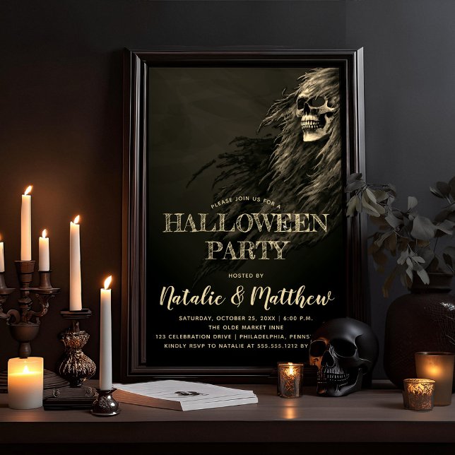 Creepy Hair Skull Halloween-Party Einladung (Eerie Night, Creepy, Scary Hairy Skull Adult Halloween Party Invitation)