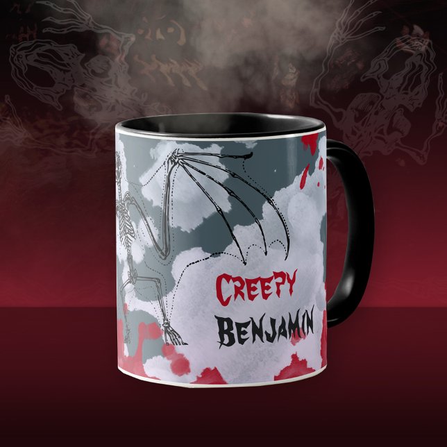 Creepy Halloween Bat Skeleton Ihr Name Tasse (Creepy Halloween Bat Skeleton Your Name Mug ©Susanne Sachers - Sunny Mind Design 🌞)