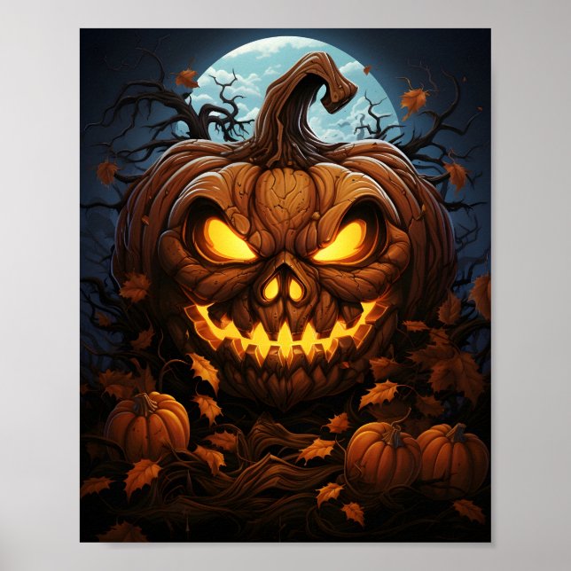 Creepy Halloween Night Orange Kürbislaterne Poster (Vorne)