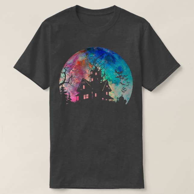 Creepy Haunted House & Spooky Watercolor Full Moon T-Shirt (Design vorne)