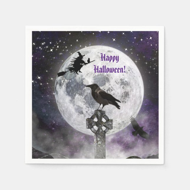 Creepy Hexe & Full Moon Halloween Paper Napkin Serviette (Vorderseite)