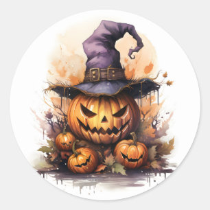 Creepy Jack-O-Lantern mit Hexenhut Runder Aufkleber