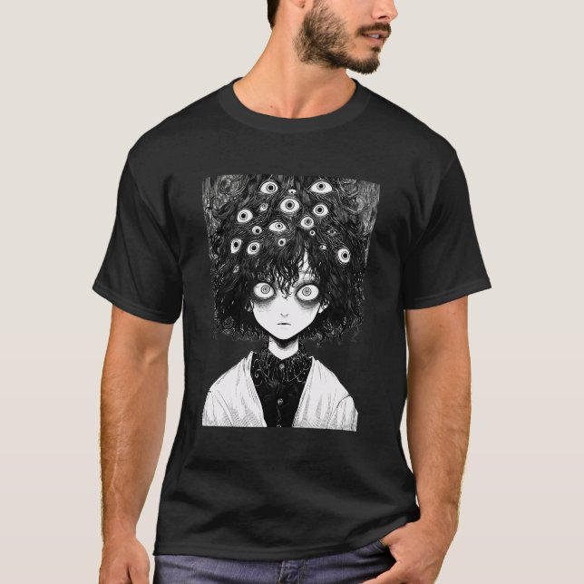 Creepy Manga Girl Beängstigend Eyes Horror Hallowe T-Shirt (Vorderseite)