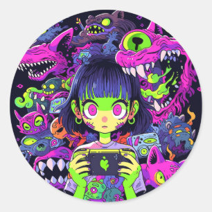 Creepy Niedlich Horror Anime Gamer Girl Runder Aufkleber