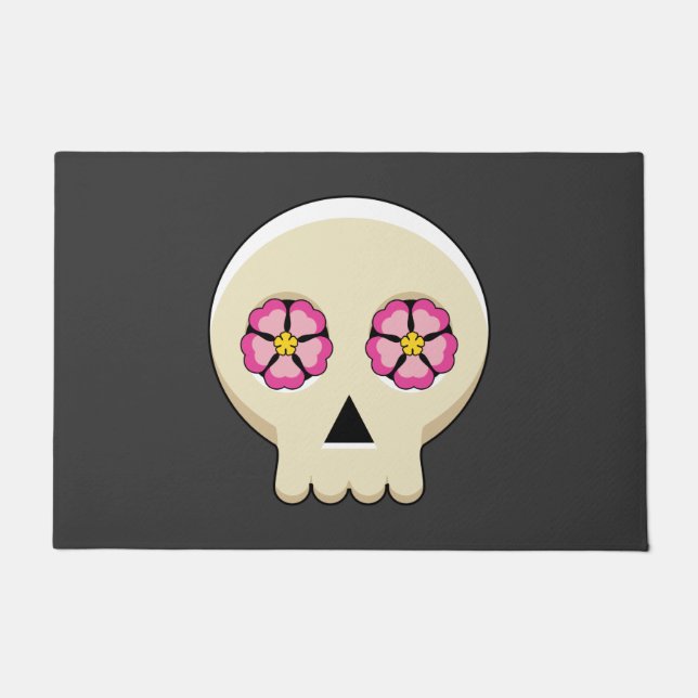 Creepy Niedlich Kawaii Goth Skull mit Blume Fußmatte (Vorderseite)