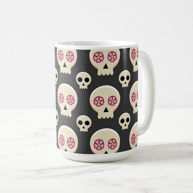 Creepy Niedlich Kawaii Goth Skull mit Blume Muster Kaffeetasse (VorderseiteRechts)