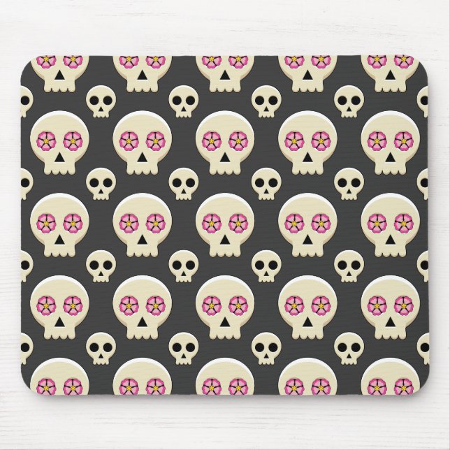 Creepy Niedlich Kawaii Goth Skull mit Blume Muster Mousepad (Vorne)