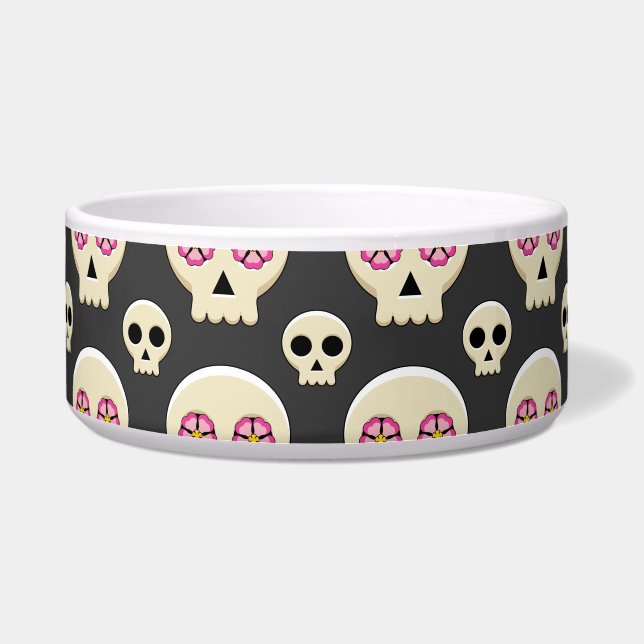Creepy Niedlich Kawaii Goth Skull mit Blume Muster Napf (Vorderseite)