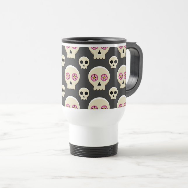 Creepy Niedlich Kawaii Goth Skull mit Blume Muster Reisebecher (VorderseiteRechts)