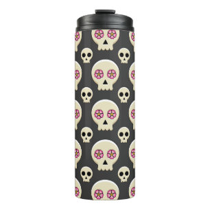 Creepy Niedlich Kawaii Goth Skull mit Blume Muster Thermosbecher