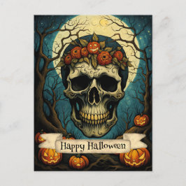 Creepy Pumpkin Floral Skull Halloween Postkarte