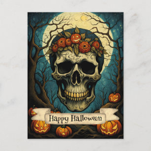 Creepy Pumpkin Floral Skull Halloween Postkarte