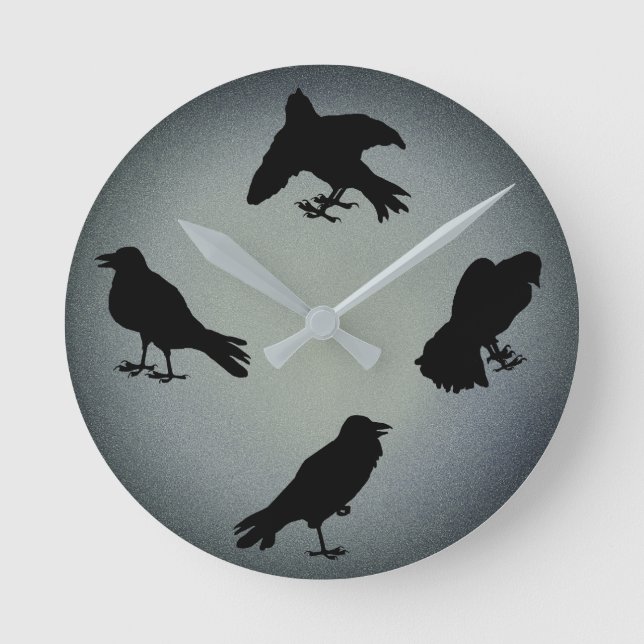 Creepy Raven Silhouetten Graues Halloween Runde Wanduhr (Vorderseite)