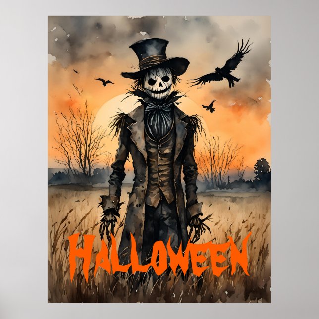 Creepy Scarecrow and Crows Halloween Poster (Vorne)