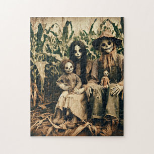 Creepy Scarecrow-Familie im Cornfield-Horror-Foto Puzzle