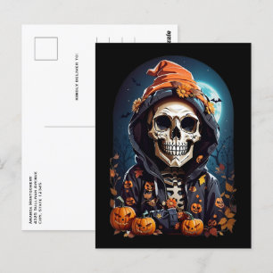 Creepy Skeleton & Autumn Pumpkins Halloween Postkarte