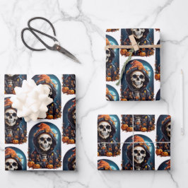 Creepy Skeleton & Autumn Pumpkins Muster Geschenkpapier Set